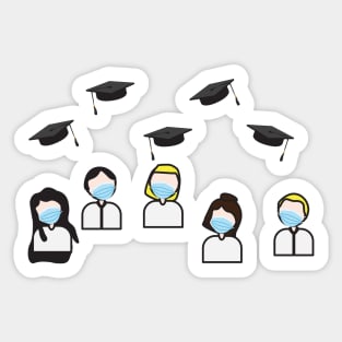 Class of 2020 Graduation - Characters with Face Masks Looking at Flying Graduation Caps Sticker